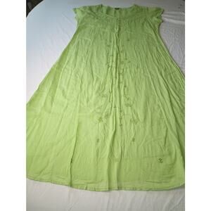 Vintage Green Cotton Maxi Dress Embroidered Smocked Women Large Jackpot Fairy
